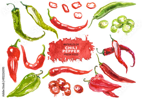 Watercolor painted chili pepper clipart. Hand drawn fresh food design elements isolated on transparent background.
