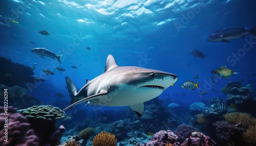 The great White Shark in the ocean  portrait of White shark hunting prey in the underwater