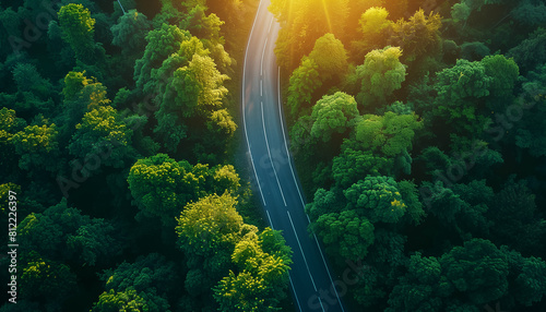 Aerial drone shot of curved asphalt road among the juicy rainforest and green hills covered somewhere in East Asia. Beauty of Nature and transportation concept image. © Soloviova Liudmyla
