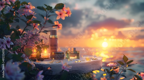 Imagine a pedestal bathed in the soft glow of a summer sunset, showcasing cosmetics in all their glory with breathtaking realism