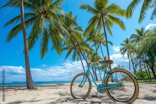 Fototapeta Naklejka Na Ścianę i Meble -  Tropical Bike beach palms. Tourism vacation. Generate Ai