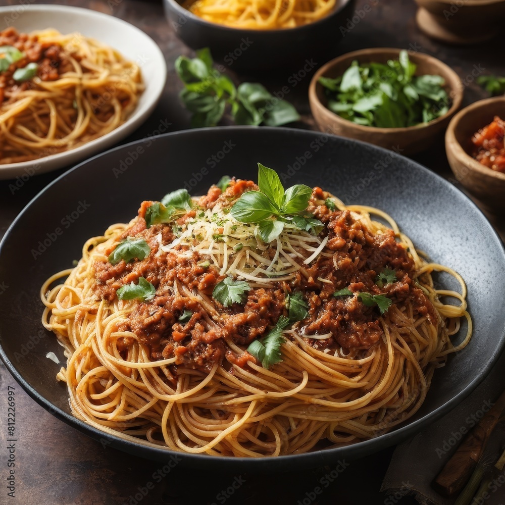 spaghetti with tomato sauce and basil