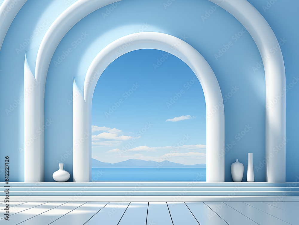 An image of an architectural symmetrical structure in the form of columns in white and blue tones with receding perspective and ideal rhythms. Generative AI	
