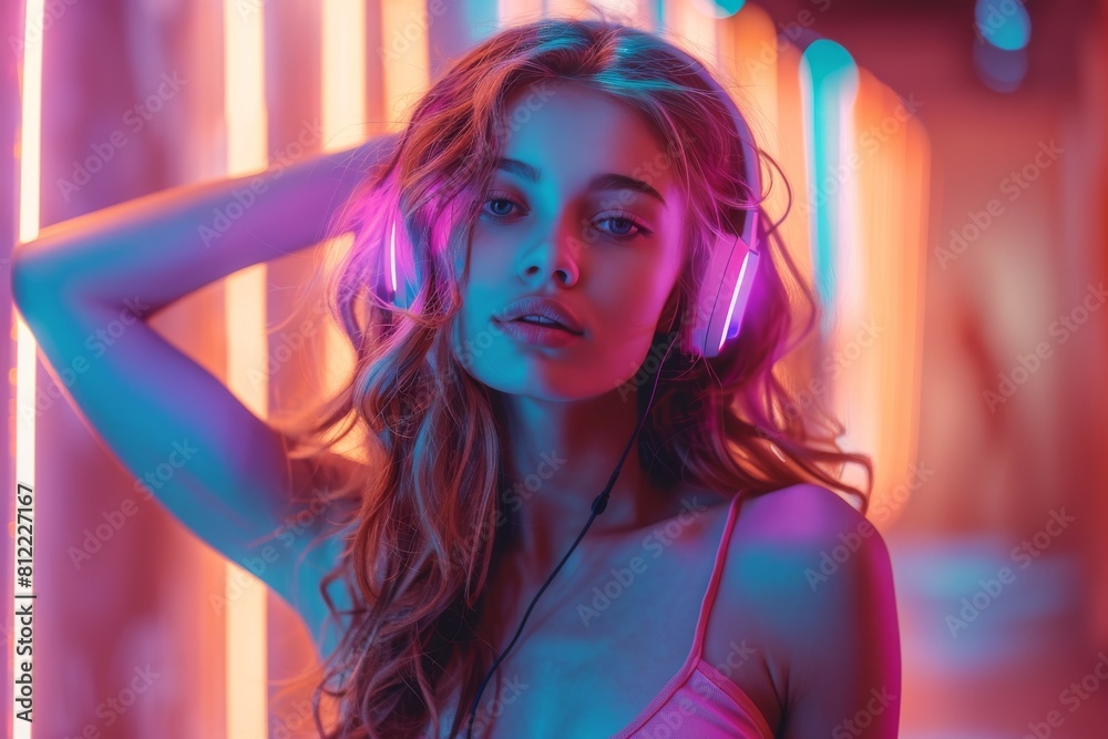 Beautiful young woman with headphones enjoying music in a neon-lit room, reflecting a modern, vibrant vibe Beautiful young woman with headphones enjoying music in a neon-lit room, reflecting a modern, vibrant vibe