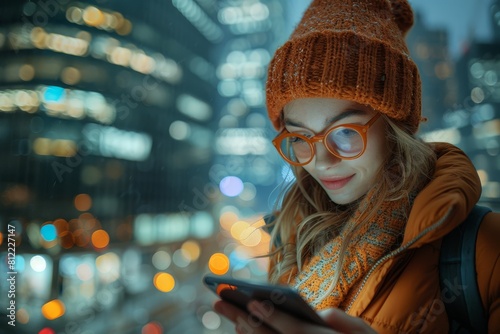 Young lady wearing a warm hat and glasses absorbed in her smartphone against a blurred city backdrop at night photo