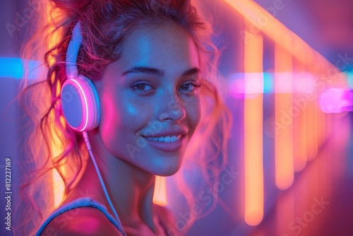 Joyful female enjoying music with wireless headphones in a neon-lit environment, embodying leisure and happiness photo