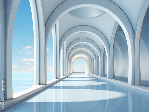 An image of an architectural symmetrical structure in the form of columns in white and blue tones with receding perspective and ideal rhythms. Generative AI  