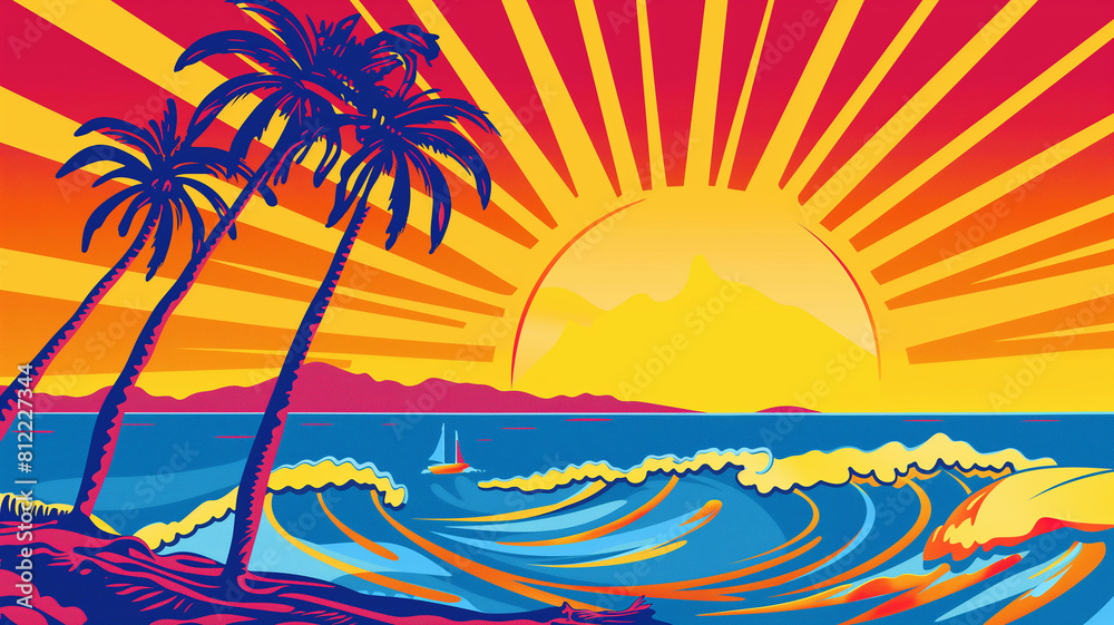 Pop art comic Vintage Tropical Beach, Palm, Sun poster. Colorful background in pop art retro comic style.