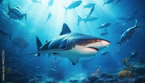 Wallpaper Mural The great White Shark in the ocean, portrait of White shark hunting prey in the underwater Torontodigital.ca