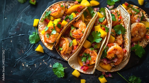 Coconut shrimp tacos with mango salsa  closeup of Fresh food serving