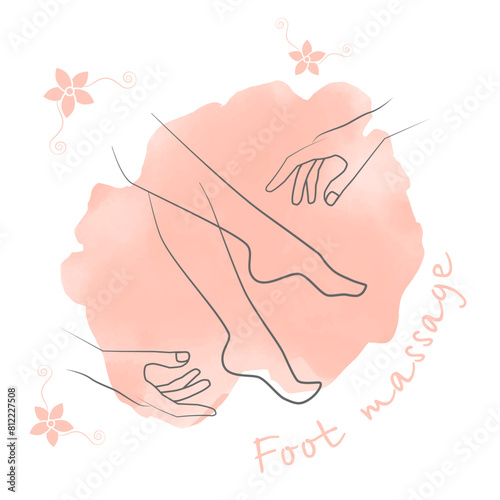 Foot massage concept.  Inspection, prevention reflexes and therapy.  The hands of a massage therapist massaged feet.  Foot massage on peach fuzz watercolor background for your web site design, app, UI photo