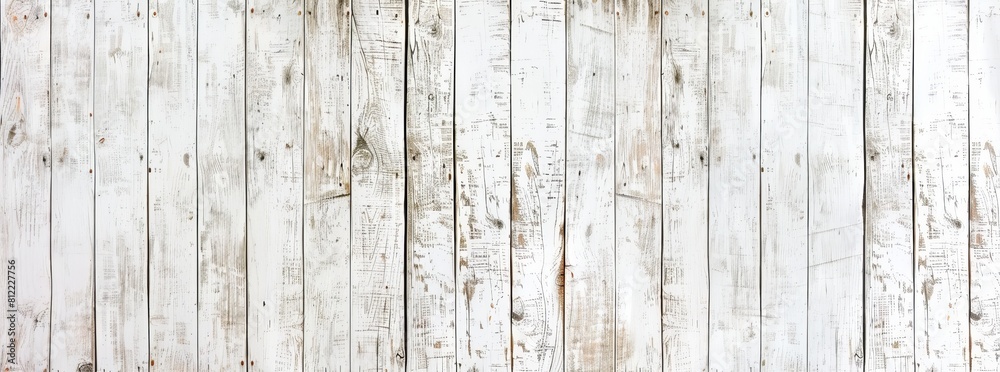 Panoramic high-resolution image depicting a rustic white wooden plank surface with peeling paint, perfect for backgrounds, textures, or vintage graphic design elements
