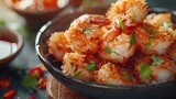 A closeup of Coconut shrimp with sweet chili sauce, Fresh food serving