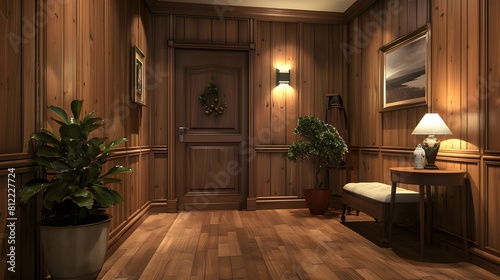 Immerse yourself in the tranquility of a wooden entrance hallway  beautifully appointed with contemporary furniture. HD realism captures the essence of comfort and style.