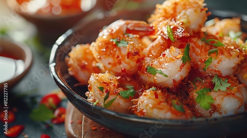 A closeup of Coconut shrimp with sweet chili sauce, Fresh food serving