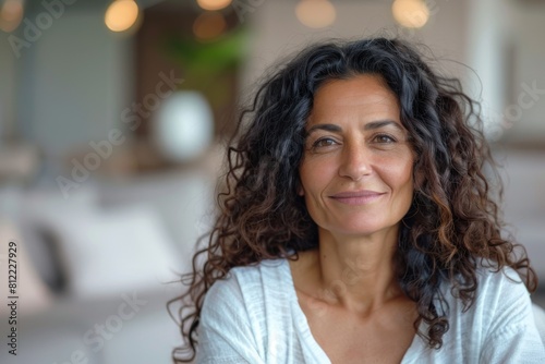 Free Download A gentle portrait of a woman with curly hair smiling softly in a serene setting - GFXLoad