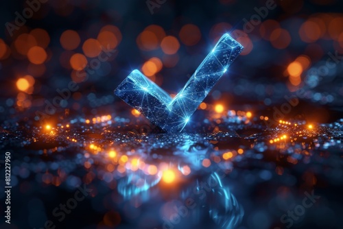 A shimmering blue checkmark with a digital, network-like structure against a bokeh background photo