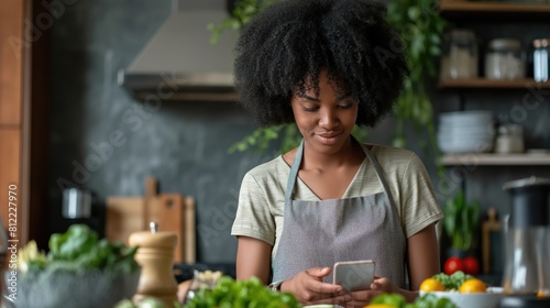 Portrait of young african woman using mobile phone in kitchen at home