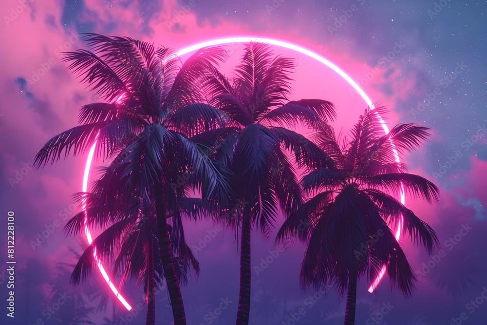 Palm trees with neon ring at sunset. Digital artwork for design and print. Tropical and retro concept.