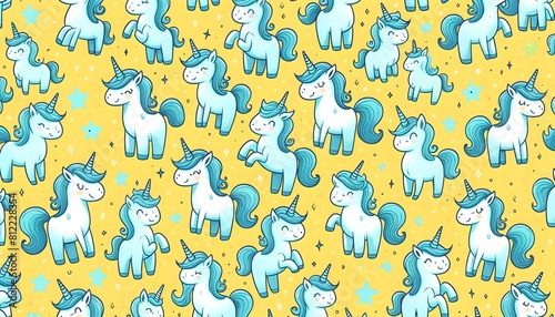 Whimsical Blue Unicorn Pattern on a yellow background