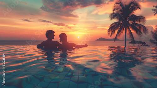 Two People Watching Sunset in Pool