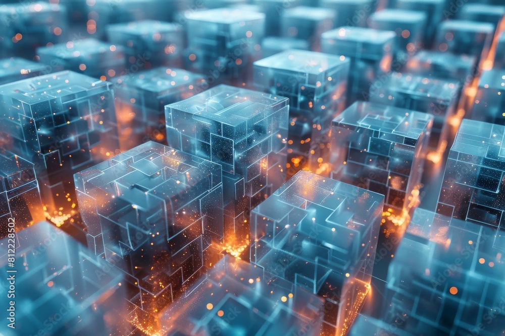 A stunning image of numerous glowing blue cubes forming an abstract grid in a cyberspace environment A stunning image of numerous glowing blue cubes forming an abstract grid in a cyberspace environment