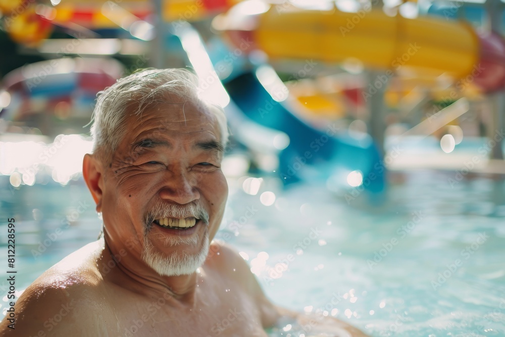 Fototapeta premium A high-spirited senior Asian man experiencing the joy of a refreshing swim at a vibrant water park pool
