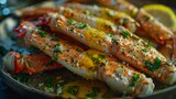 Crab legs with melted butter, closeup of Fresh food serving