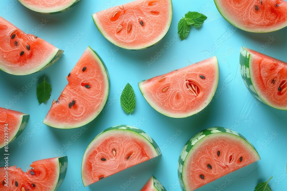 The image captures juicy watermelon slices delicately arranged over a blue mint background, signifying freshness and summer The image captures juicy watermelon slices delicately arranged over a blue mint background, signifying freshness and summer