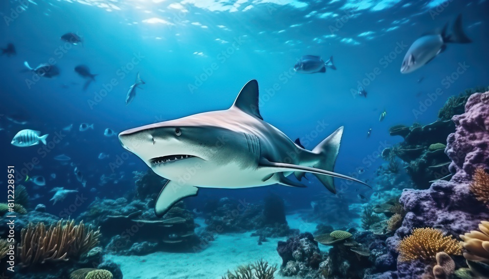 Naklejka premium The great White Shark in the ocean, portrait of White shark hunting prey in the underwater