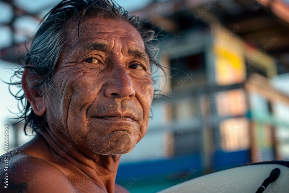 Senior, shirtless man with a surfboard looking contemplative at the beach Senior, shirtless man with a surfboard looking contemplative at the beach