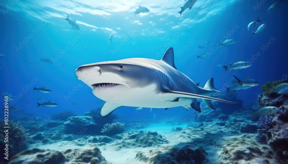 Obraz premium The great White Shark in the ocean, portrait of White shark hunting prey in the underwater