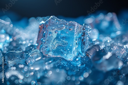 This image captures the intricate details and clarity of ice blocks surrounded by small droplets, highlighting their texture and translucence photo