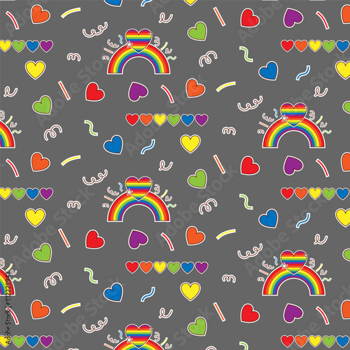 Colorful seamless pattern with LGBT symbols. Lesbians, gays, bisexuals, transsexuals. LGBT holiday colors, flag, heart, rainbow. Cartoon texture on a gray background for decoration and print.