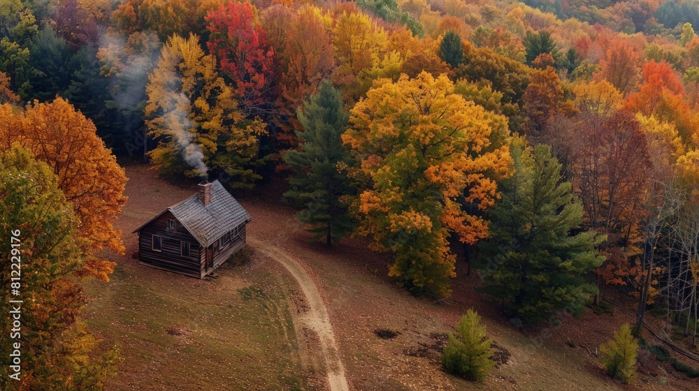 A tapestry of fiery autumn hues, a rustic wooden cabin nestled among the trees, smoke gently rising from its chimney. A tapestry of fiery autumn hues, a rustic wooden cabin nestled among the trees, smoke gently rising from its chimney.