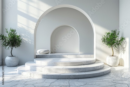 White minimalist design with arched niche, olive trees in pots, and circular stair platform