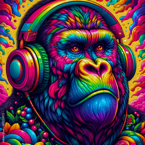 Digital art vibrant colorful cool gorilla wearing headphones vibin to music