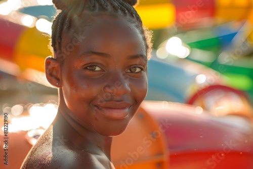 A close-up of a smiling young girl with waterpark slides blurred in the background in summer light photo