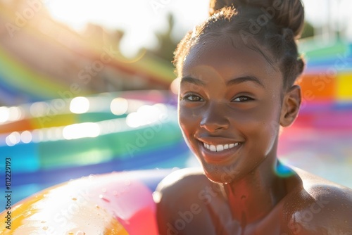 Cheerful young girl holding a colorful beach ball at a vibrant waterpark setting with sun flare photo