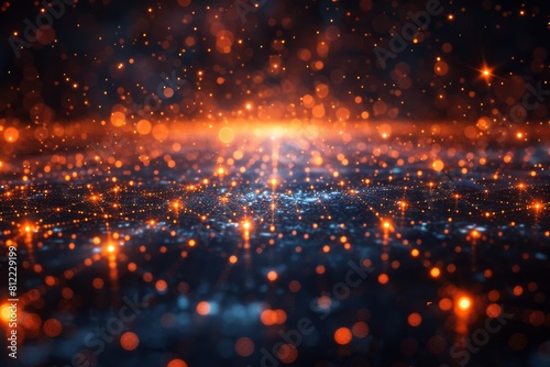 This image showcases a digital abstract explosion of particles  created with orange glowing elements