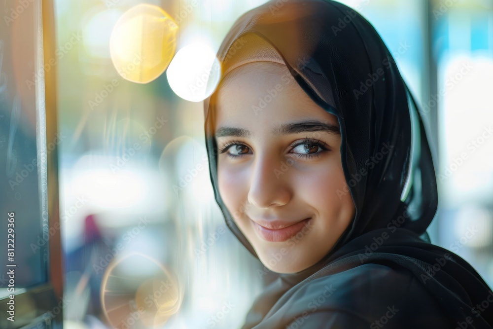 Serene portrait of a young girl in a hijab with beautiful soft glowing background lights Serene portrait of a young girl in a hijab with beautiful soft glowing background lights