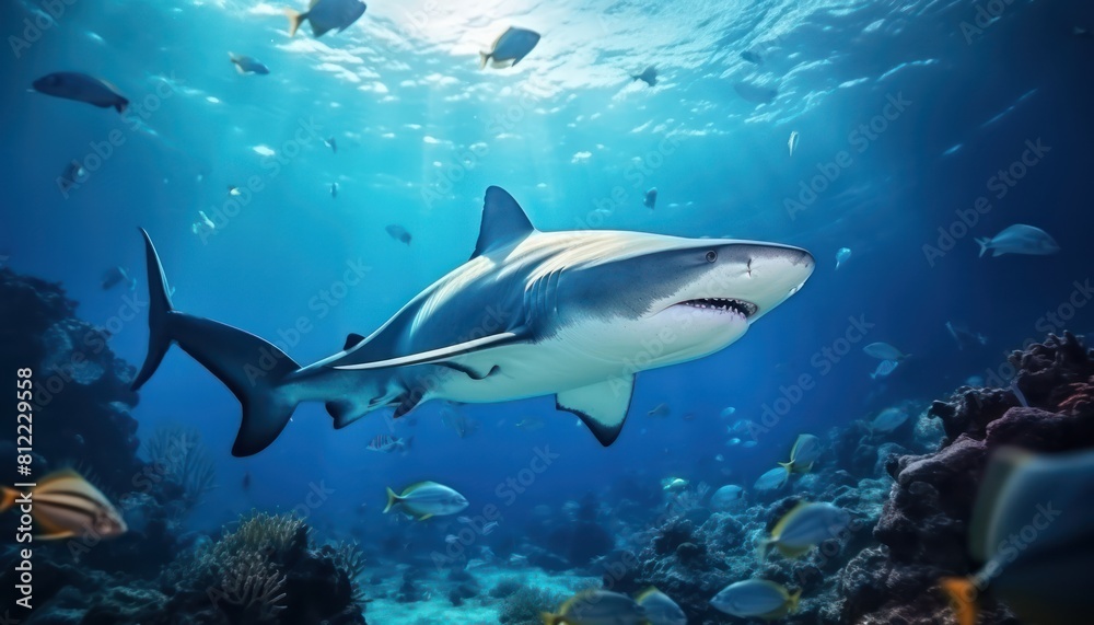 The great White Shark in the ocean, portrait of White shark hunting prey in the underwater The great White Shark in the ocean, portrait of White shark hunting prey in the underwater