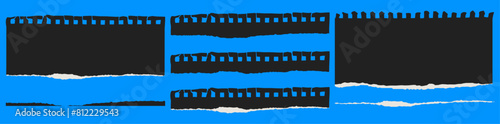 A set of different pieces ripped notebook sheets. Torn black paper pieces on a blue background.
