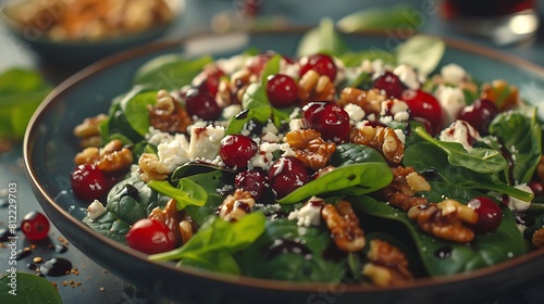 A closeup of Cranberry walnut spinach salad with feta and balsamic vinaigrette, Fresh food serving