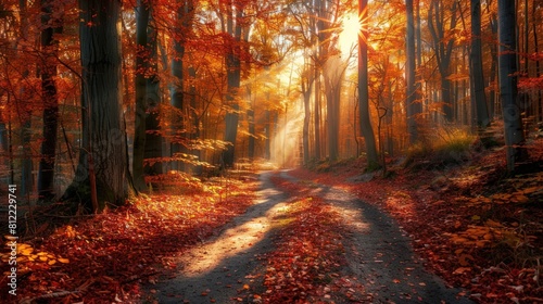 A picturesque autumn scene of an enchanting forest with vibrant red and orange leaves.