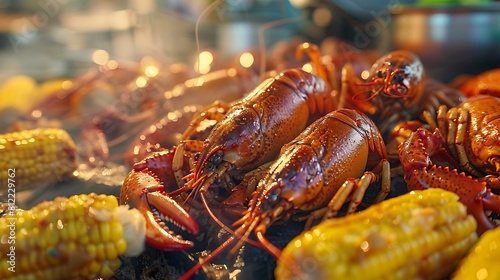 A closeup of Crawfish boil with corn on the cob, Fresh food serving