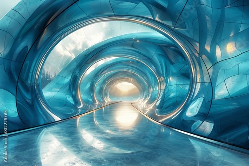 An image depicting a futuristic tunnel glowing with blue light, bending and stretching into the distance with a vibrant finish photo