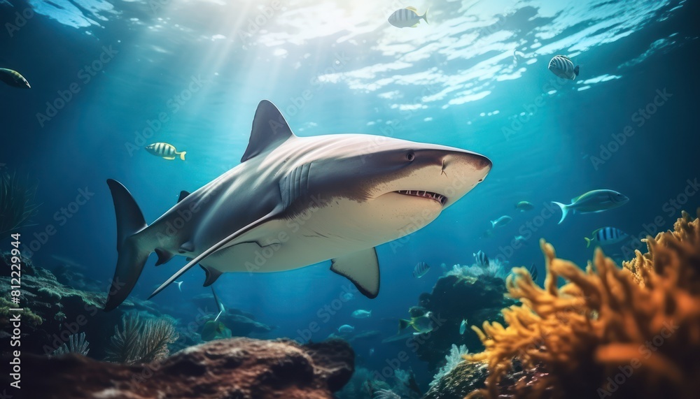Fototapeta premium The great White Shark in the ocean, portrait of White shark hunting prey in the underwater