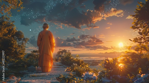 A 18-year-old CHINESE monk. setting under the evening sun, surrounded by a beautiful environment, The clear night sky surrounds them