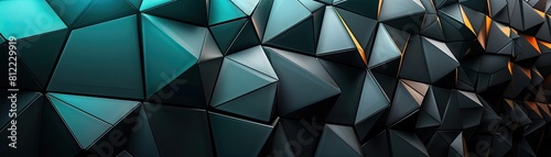 A background featuring a geometric pattern in black and teal, rendered in 3D